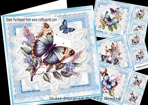  4 Beautiful Butterflies/Flowers On Blue Lace 8X8 Mini Kit