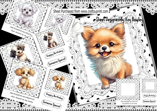4 Cute Puppies in Black And White Polkadot With Lace/Bows 7x7 Mini Kit
