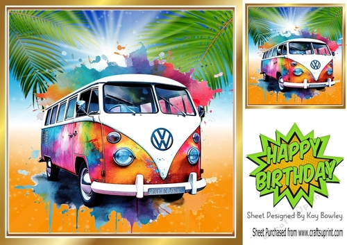Rainbow Water Colour Camper Van With Sunset 8x8 (one)