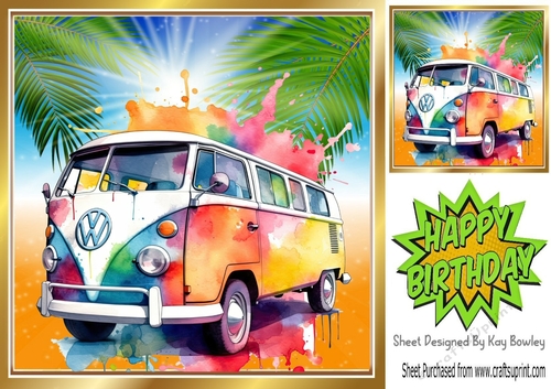 Rainbow Water Colour Camper Van With Sunset 8x8 (Two)