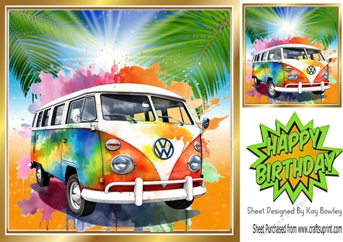 Rainbow Water Colour Camper Van With Sunset 8x8 (Three)