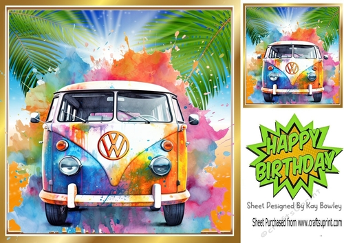 Rainbow Water Colour Camper Van With Sunset 8x8 (Four)