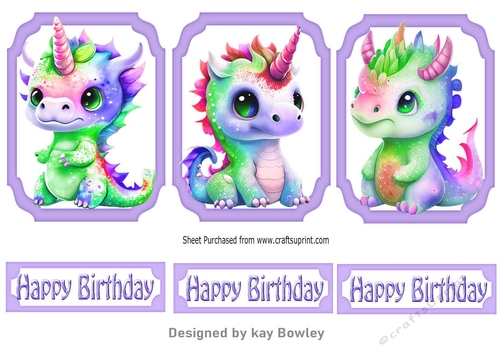 3 Cute Rainbow Baby Dragons Purple Toppers