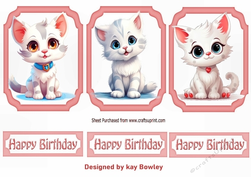 3 Cute White Kitten Toppers, With Birthday Tags