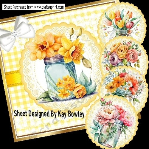 Lovey Yellow Gingham & Lace Floral Jars With Bow 8X8 Mini Kit