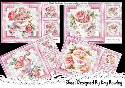  4 Pretty Teacups Of Pink Roses On Lace 8x8  Bumper Set
