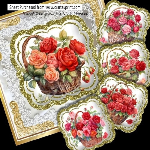 Pretty Gold & White Satin Roses In A Basket With Bows 8x8 Mini Kit