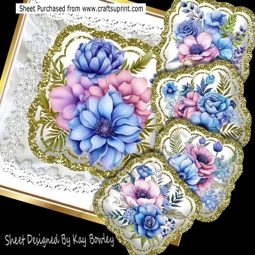 Pretty Gold & White Satin  Pink/Blue Roses With Bows 8x8 Mini Kit