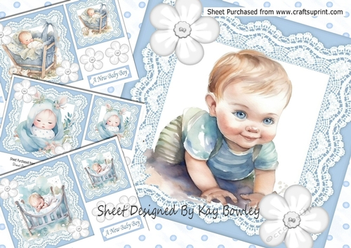 4 Cute Baby Boys In  Blue lace 7x7 Card  With Buttons Mini Kit