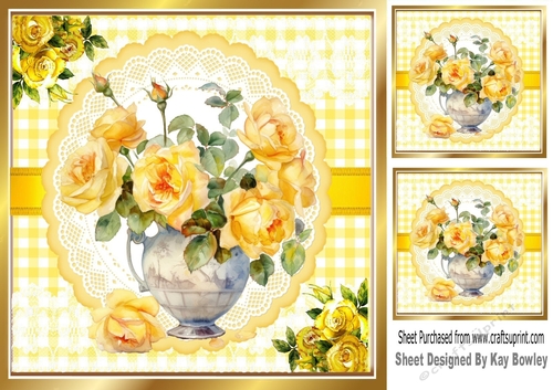Pretty Yellow Roses In A  Vase On Lace 8X8 (One)