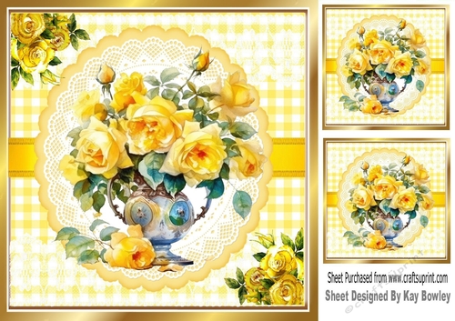 Pretty Yellow Roses In A  Vase On Lace 8X8 (Two)