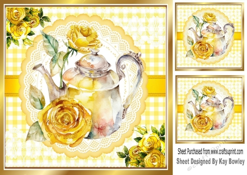 Pretty Yellow Roses With A Teapot On Lace 8X8 (Three)