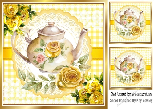 Pretty Yellow Roses With A Teapot On Lace 8X8 (Four)