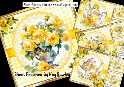  4 Pretty Yellow Roses With A Teapot/Vases On Lace 8X8 Mini Kit