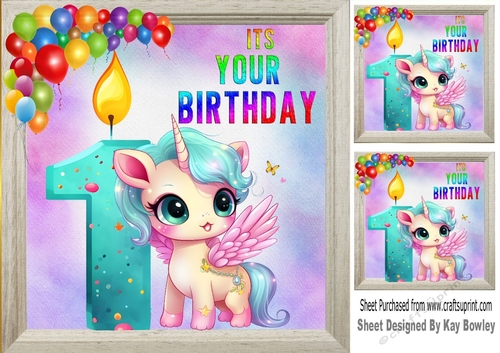 Lovely Unicorn With Balloons, Rainbow Frame 8x8 ( Age One)