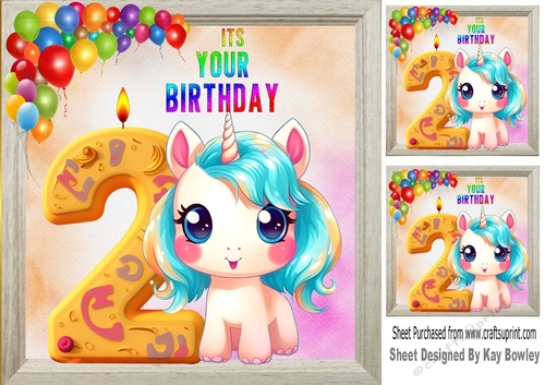 Lovely Unicorn With Balloons, Rainbow Frame 8x8 ( Age Two)
