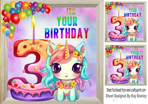 Lovely Unicorn With Balloons, Rainbow Frame 8x8 ( Age Three)