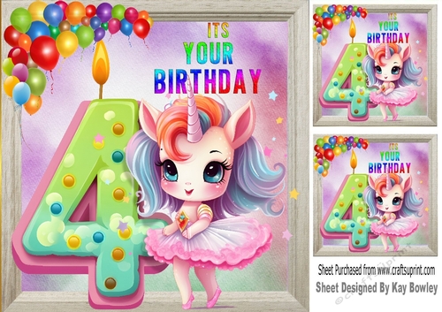 Lovely Unicorn With Balloons, Rainbow Frame 8x8 ( Age Four)