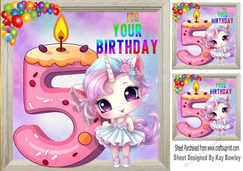 Lovely Unicorn With Balloons, Rainbow Frame 8x8 ( Age Five)