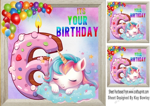 Lovely Unicorn With Balloons, Rainbow Frame 8x8 ( Age Six)