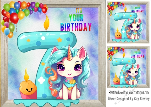 Lovely Unicorn With Balloons, Rainbow Frame 8x8 ( Age Seven)