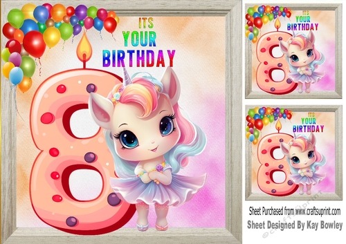 Lovely Unicorn With Balloons, Rainbow Frame 8x8 ( Age Eight)