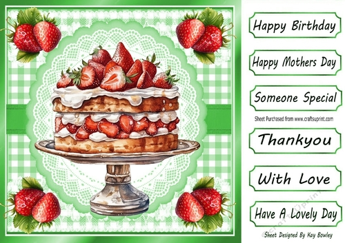 Lovely Strawberry Cake With Green Gingham 8x8 (One)