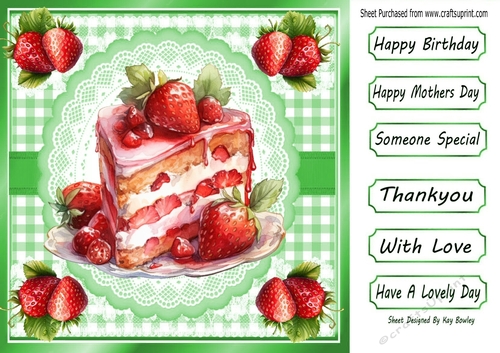 Lovely Strawberry Cake With Green Gingham 8x8 (Two)