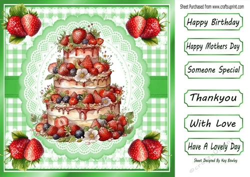 Lovely Strawberry Cake With Green Gingham 8x8 (Four)