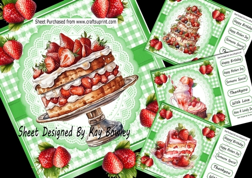 4 Lovely Strawberry Cakes With Green Gingham 8x8 Mini Kit