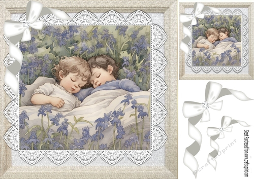  Babies Sleeping In Lavender Field, Lace, White Bows 8x8 (one)