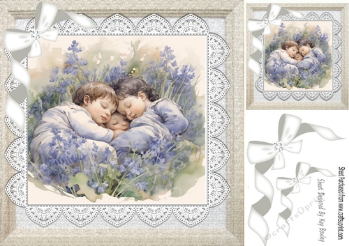 Babies Sleeping In Lavender Field, Lace, White Bows 8x8 (Two)