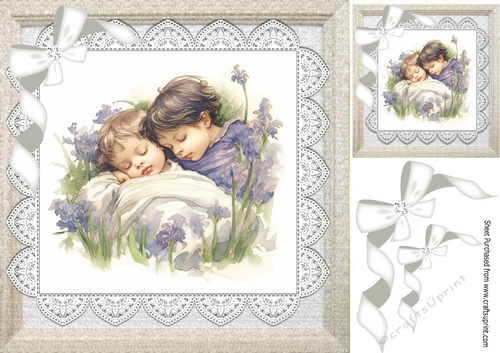 Babies Sleeping In Lavender Field, Lace, White Bows 8x8 (Three)