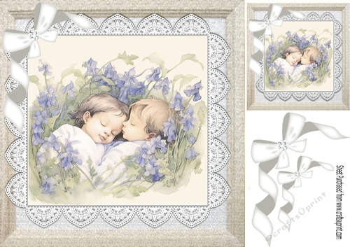 Babies Sleeping In Lavender Field, Lace, White Bows 8x8 (Four)