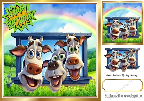 Funny Face Cows In The Meadow With Rainbow 8x8 (Two)