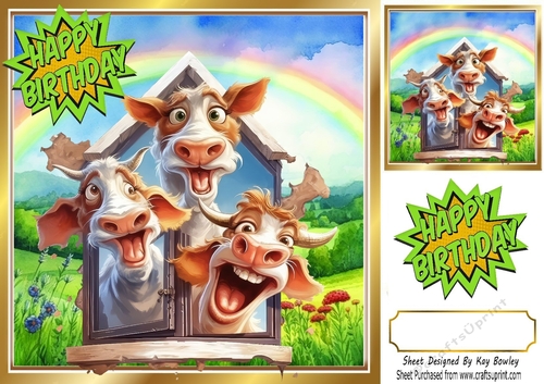 Funny Face Cows In The Meadow With Rainbow 8x8 (Three)