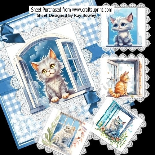 Cute Kittens In Windows With Flowers Blue Gingham & Lace 8x8 Mini Kit
