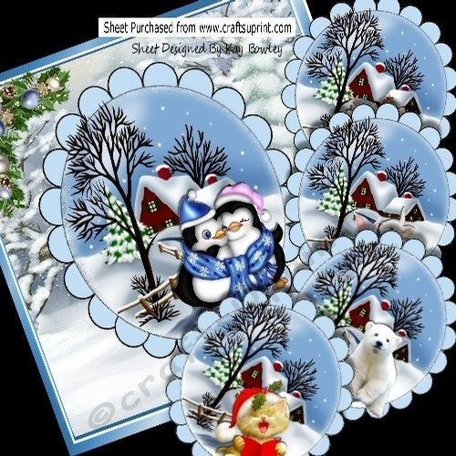 Cute Animals With Snow Scene Cottage & Blue Baubles Lace 8x8 Mini Kit