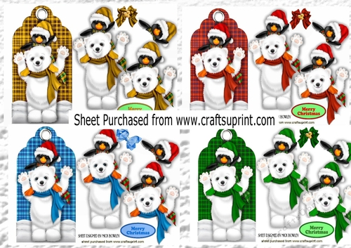 4 Lovely Coloured Polar Bears & Penguins On A Tags 