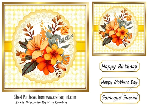 Pretty Orange Flowers On Lace With Yellow Gingham 7x7 (one)