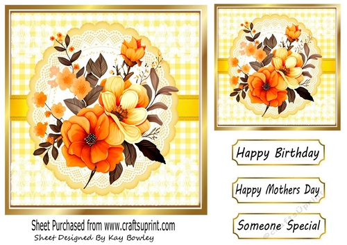 Pretty Orange Flowers On Lace With Yellow Gingham 7x7 (Two)