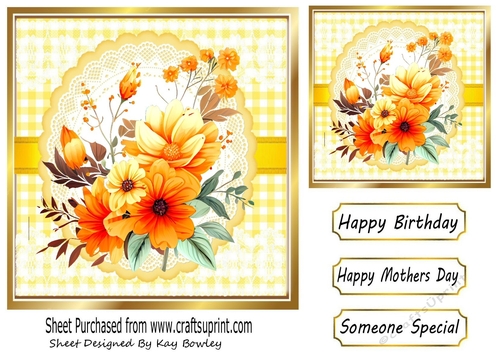 Pretty Orange Flowers On Lace With Yellow Gingham 7x7 (Three)