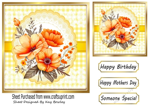 Pretty Orange Flowers On Lace With Yellow Gingham 7x7 (Four)