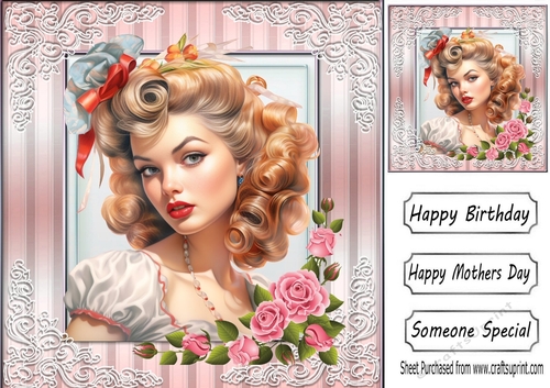 Pretty Vintage Pinup Girl With Lace & Roses 8x8 (One)