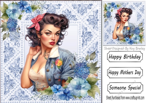 Pretty Vintage Pin-up Girl With Lace & Blue Roses 8x8 (two)