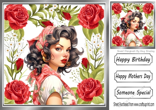 Pretty Vintage Pin-up Girl  With Red Roses 8x8 (Three)
