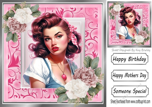 Pretty Vintage Pin-up Girl With Pink/White  Roses 8x8 (Four)