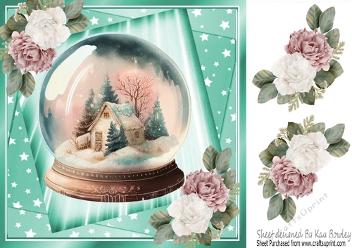 Pretty Snowglobe Cottage And Pink/White Roses Turq Stars 8x8 (One)   