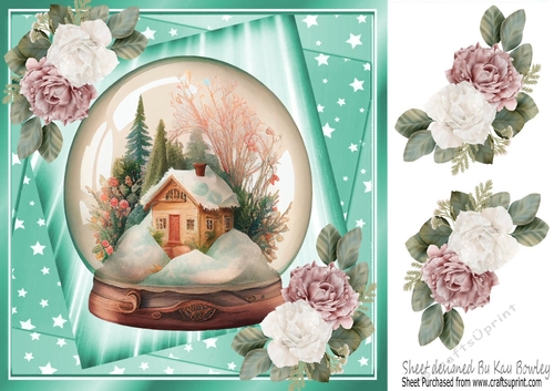 Pretty Snow Globe Cottage And Pink/White Roses Turq Stars 8x8 (Two)