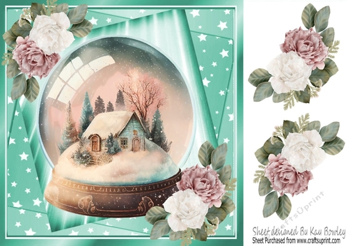 Pretty Snow Globe Cottage And Pink/White Roses Turq Stars 8x8 (Three)
